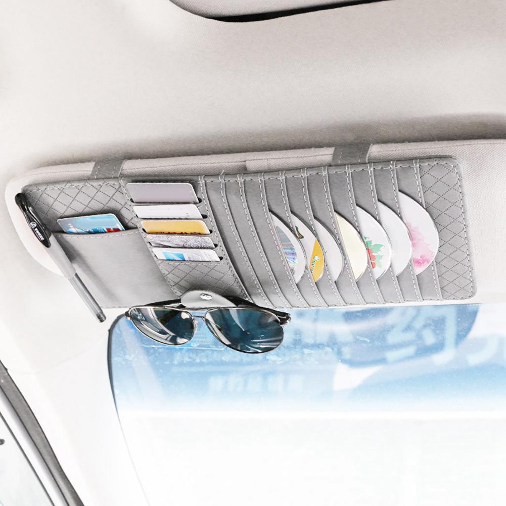 PU Leather Car Sun Visor Organizer CD Glasses Driving License Holder Car CD Sleeve Holder Gray