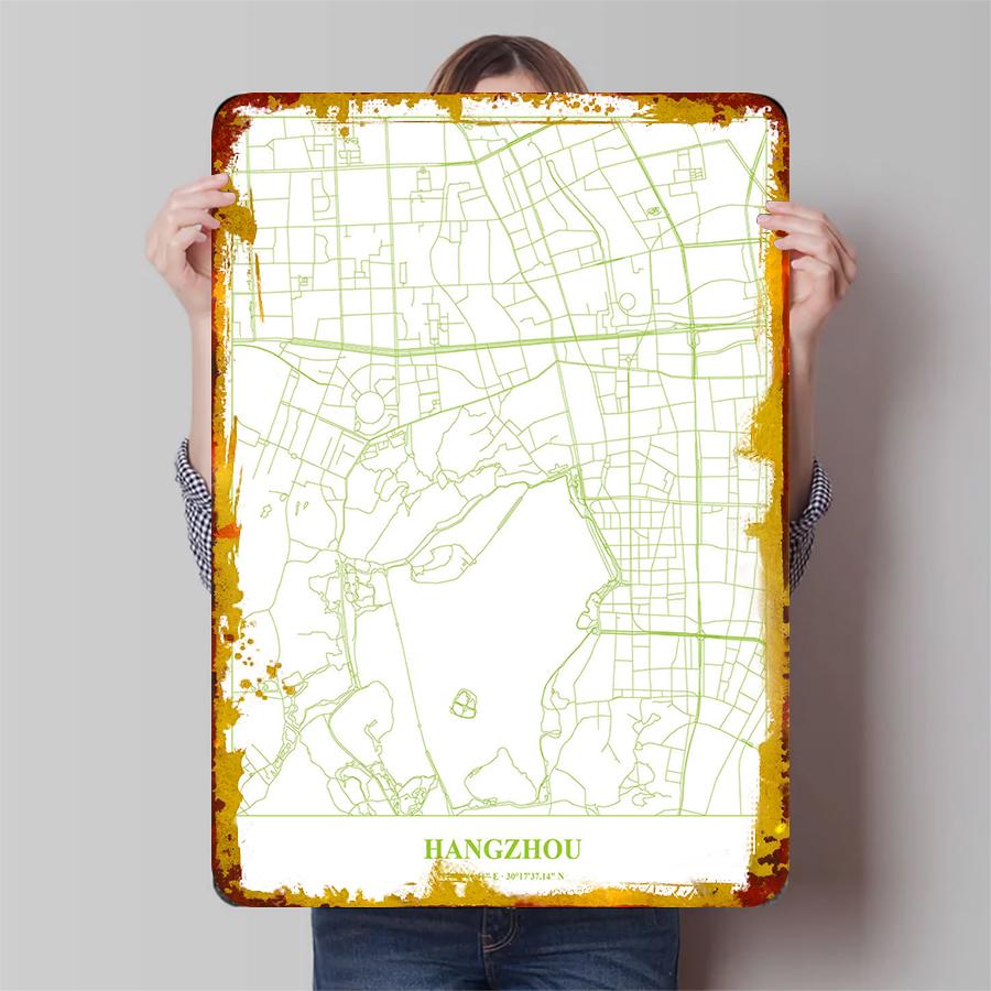 Hangzhou City Map Metal Wall Art Modern Minimalist Home Decor Living Room Study Room Art Decoration