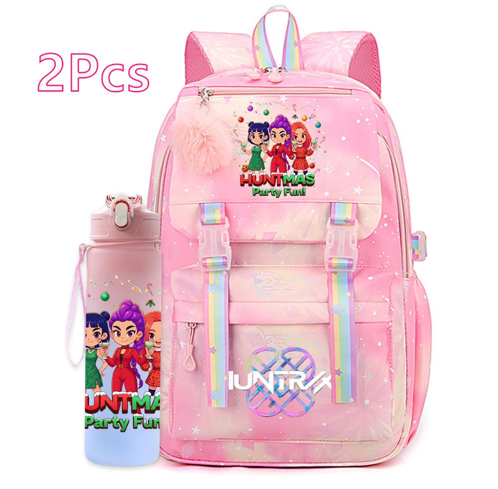 2Pcs/set Christmas K-pop Printed Backpack with 750Ml Water Bottler Large Capacity Travel Bag for Teenager Girl Boy Waterproof Bookbag Kid Gift Rucksak