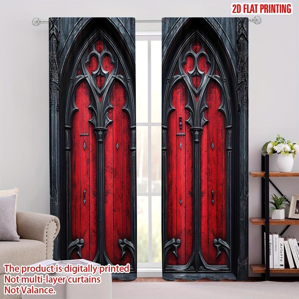 2pc Gothic Door Print Blackout Curtains – Light-Filtering for Bedroom   Living Room & Office – Ideal for Holiday & Party Decor