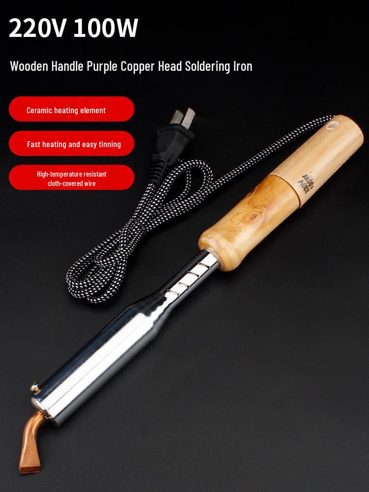 High-Power Electric Soldering Iron Set with Wood Handle - Purple Copper Bent Flat Tip for Household Electronics Repair.