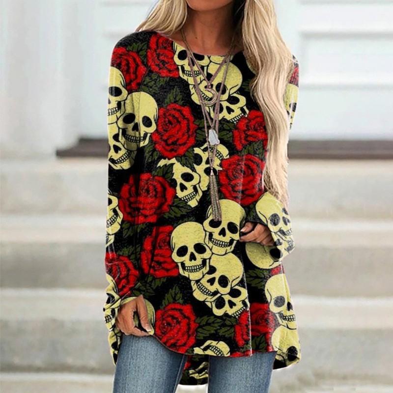 Round Neck 3D Printed Top Fashionable Casual Retro Long Sleeved Women's T-shirts