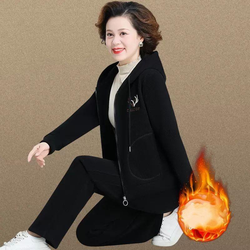 Plus Velvet Thick Jacket Casual Western Style Ladies Sweater Sportswear Suit Autumn and Winter Two-piece Suit