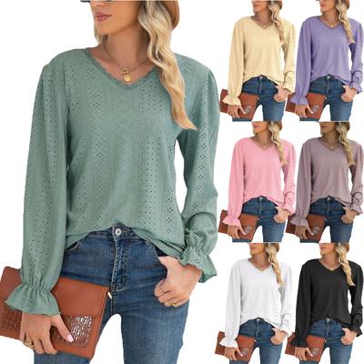 Womens Fashion Autumn Winter Lace Tops Casual Long Sleeve Chiffon Blouses Deep V-neck T Shirt Hollow Out Shirts