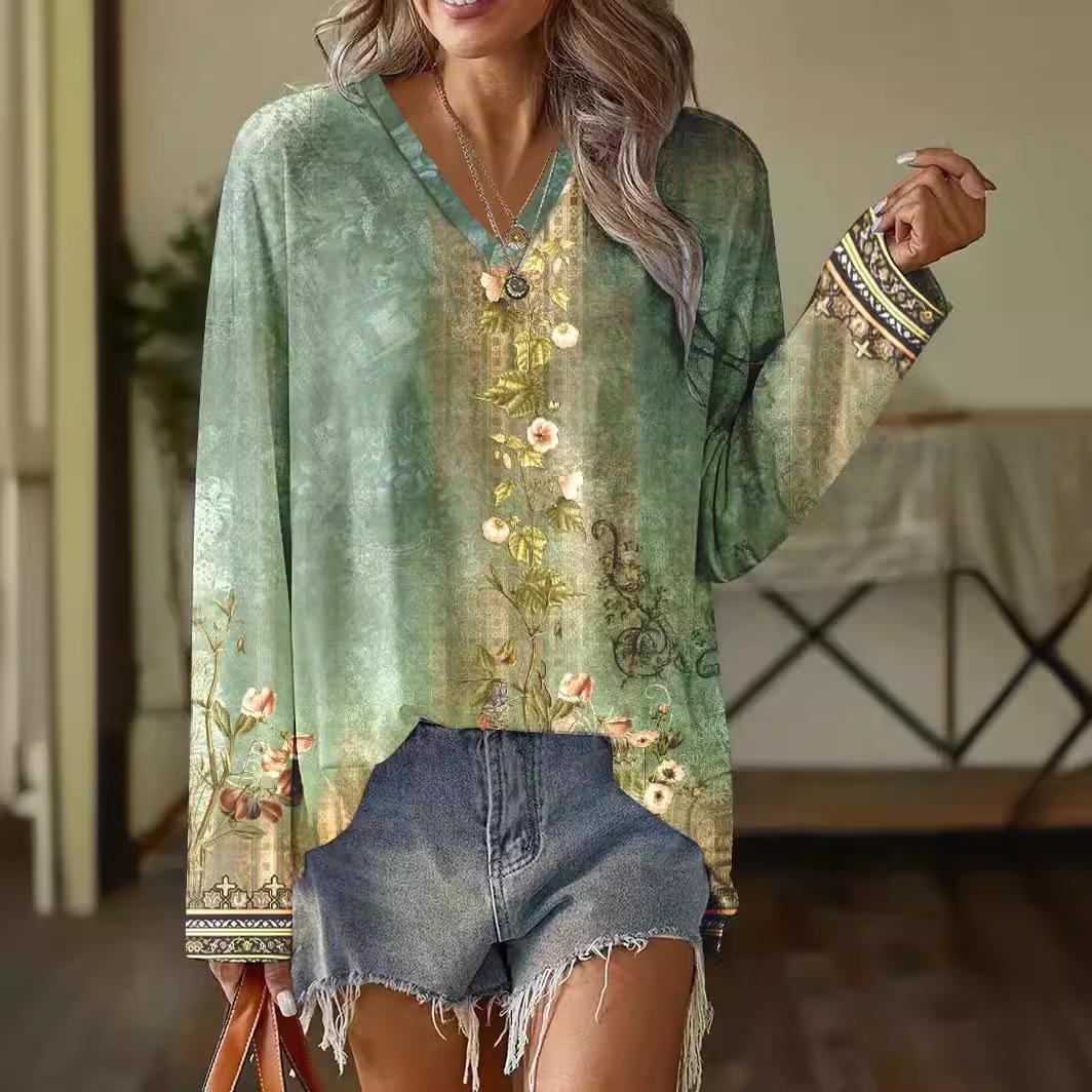 

Весенний женский топ с длинным рукавом и V-образным вырезом с цветочным принтом 2XL зелёный