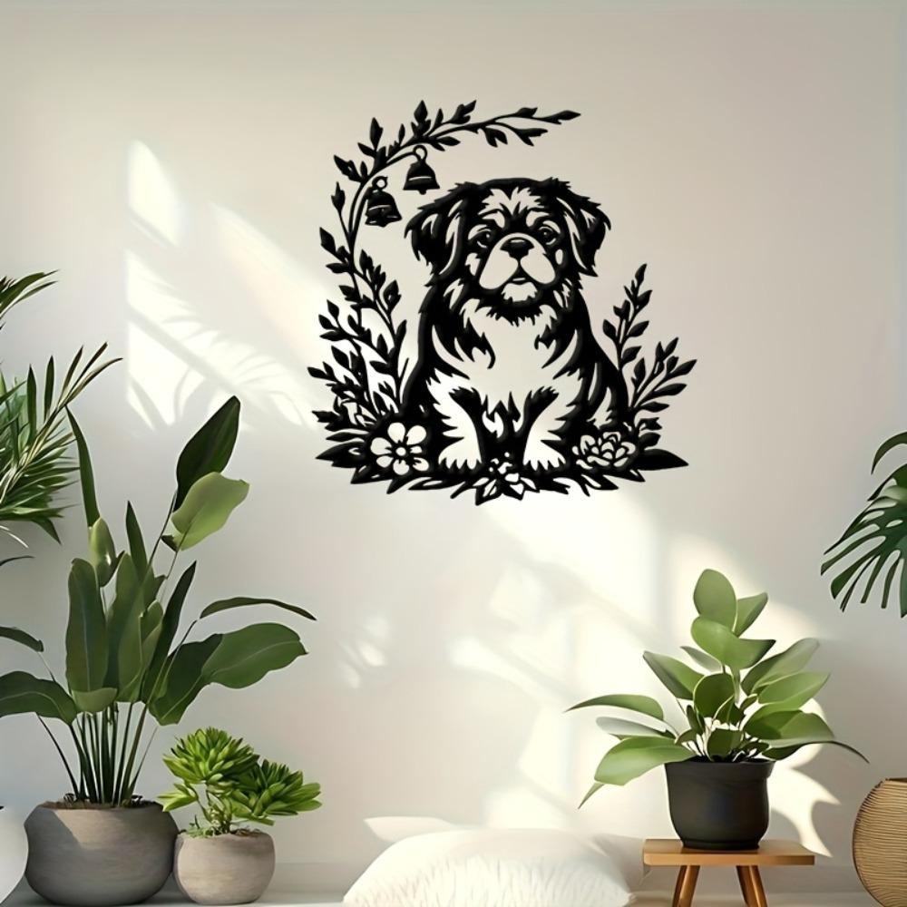Wrought Iron Tibetan Mastiff Wall Art Flowers Bell Metal Dog Sculpture Christmas Easter Housewarming Gift Living Room Patio Decor