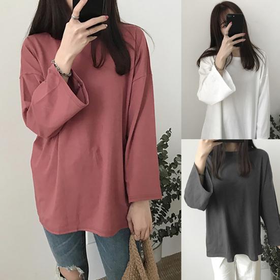 Women Autumn Long Sleeve Loose Fit Solid Color Casual O Neck Top T-Shirt Blouse