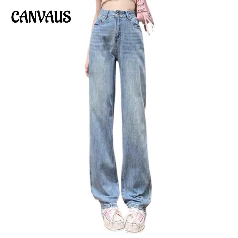 Calça jeans reta plus size feminina, primavera e verão, cintura alta, fina, solta, pernas largas, calças de arrasto