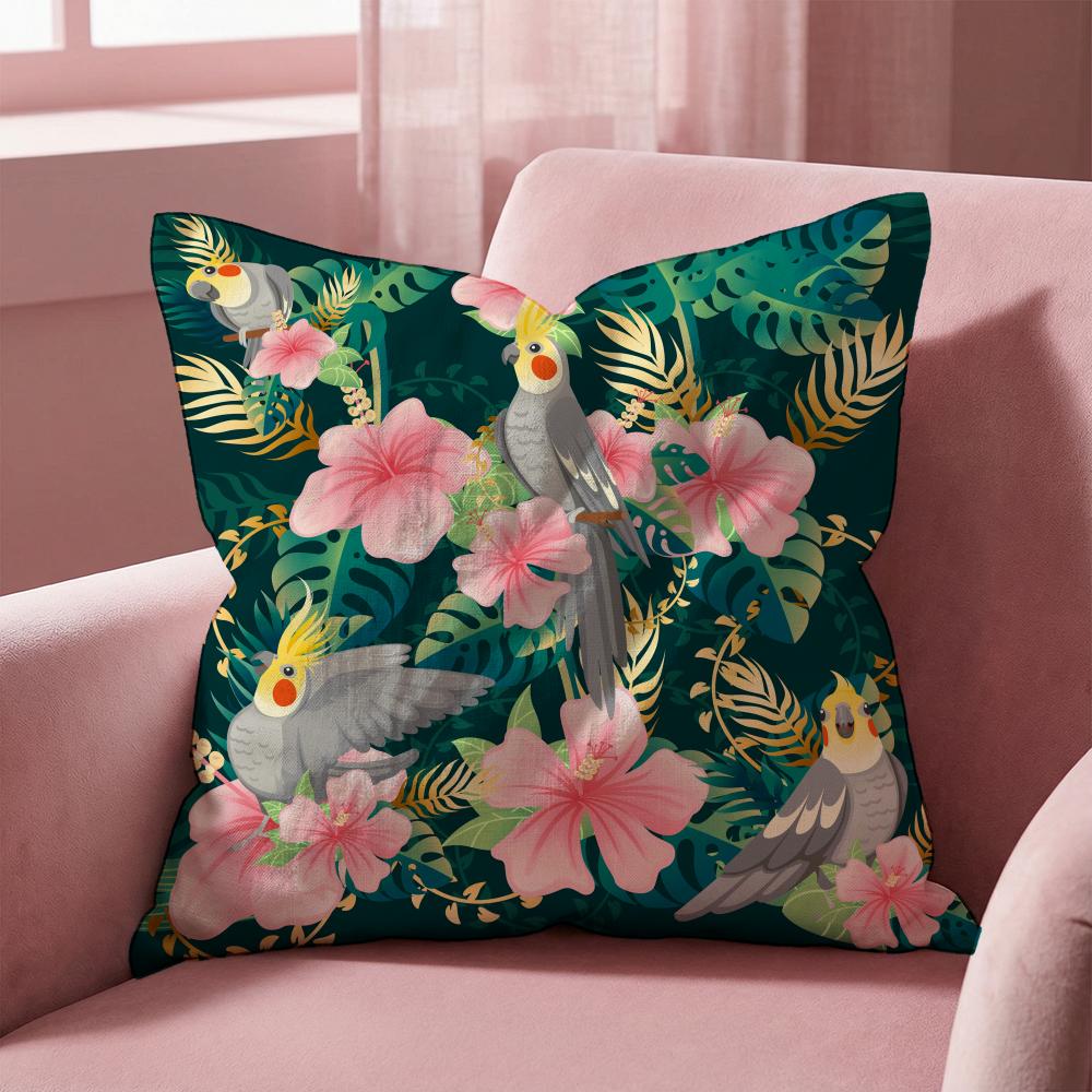 Parrots Flowers Palm Leaves Cushion Cover Multi-Scene Pillow Cover for Home & Car - Reversible, Soft & Durable for Daily Use