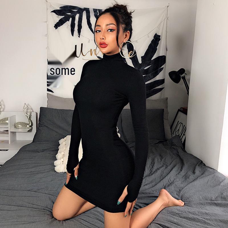 Women's Autumn Black High Neck Long Sleeve Slimming Dress - Hot Girl Style, Waist-Cinched, Hip-Hugging, Short Skirt