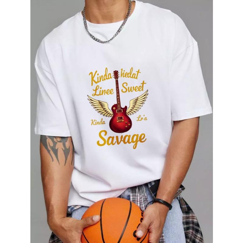 White T-Shirt with Guitar and Wings Print Kinda Sweet Kinda Savage Text for Music Lovers Casual Wear