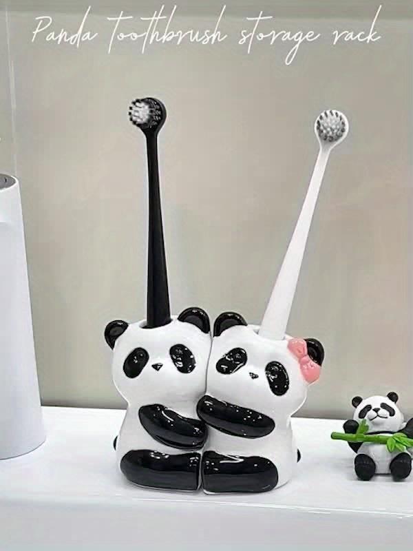 2 Cute Panda Toilet Toothbrush Holder, High Temperature Fired Ceramic Ultra Smooth ,No Drill Manual Toothbrush Stand Storage Rack for Couples