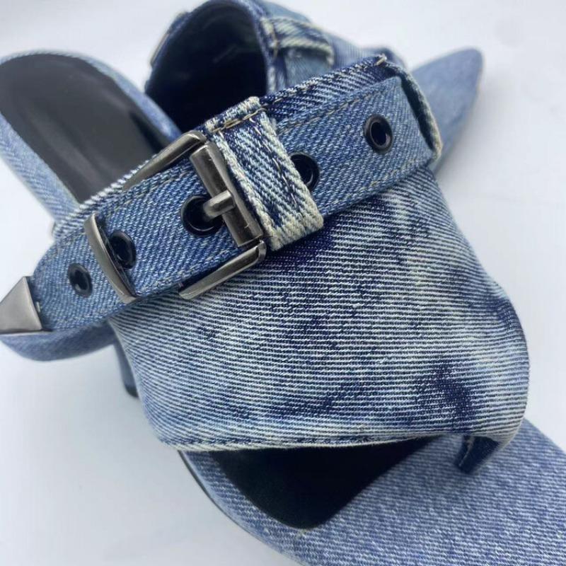 Fashion Brand Blue Denim Belt Buckle Hollow Out Fashion Slippers Summer New Comfortable Women's 5.5cm Low Heel Commuting Sandals Size 43