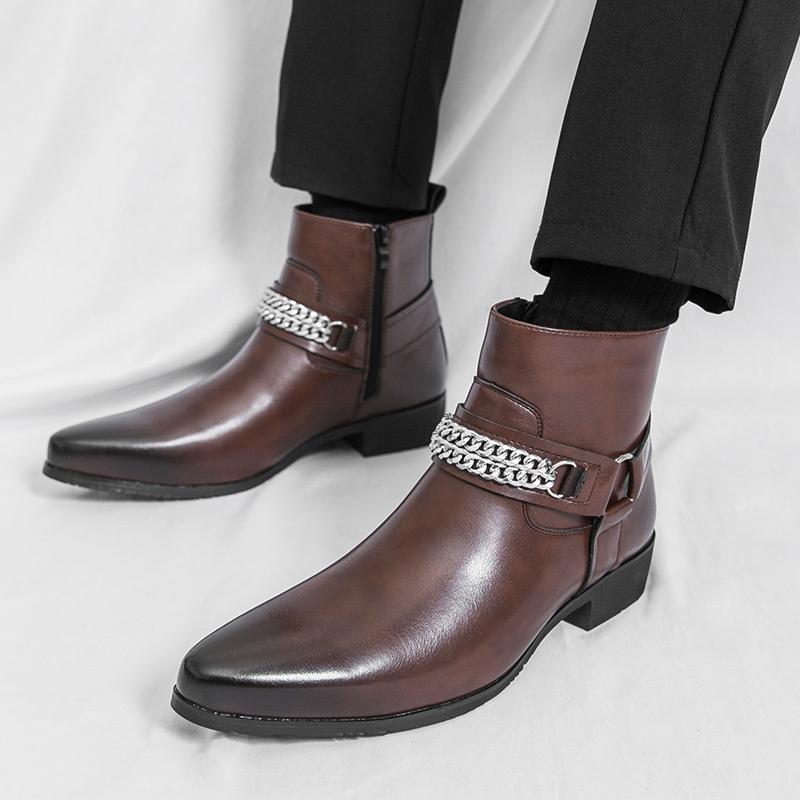British Style Men's Comfortable Pointed Side Zipper Knight Boots Brand Autumn Men's Metal Cool Breathable Leather Boots