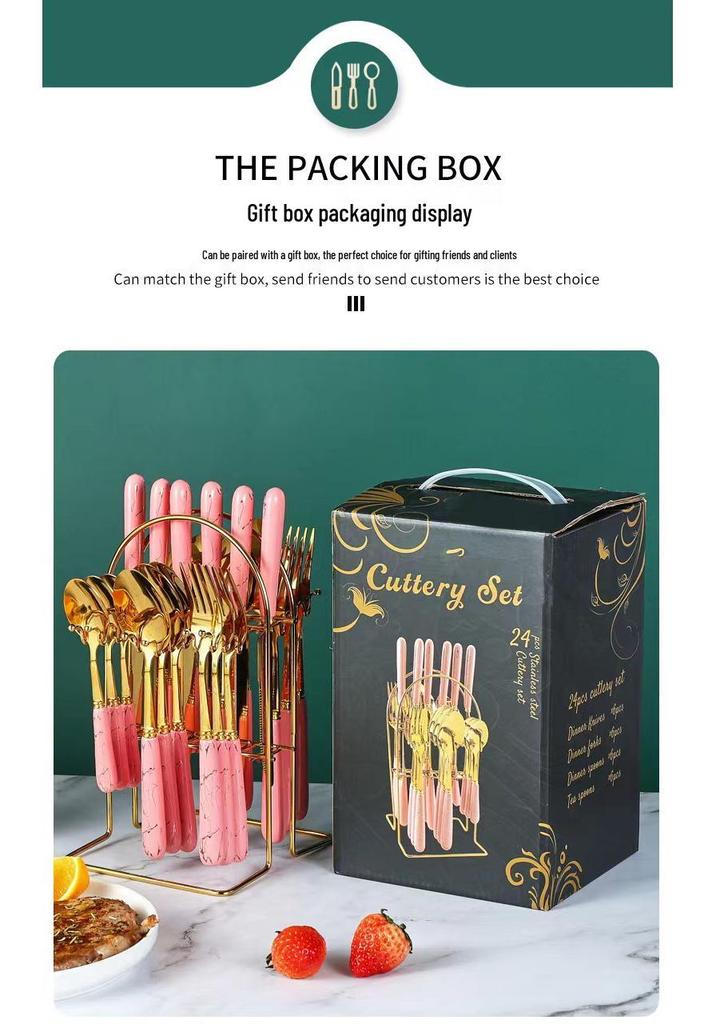 Stainless Steel 24-Piece Cutlery Set with Imitation Ceramic Handles - Includes Knives, Forks, and Spoons in Gift Box.