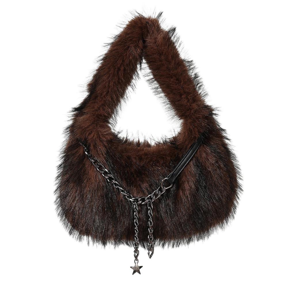Portable Faux Fur Shoulder Bags Y2k Fluffy Tote Bag Portable Fluffy Hobo Bags Dating