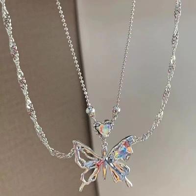 Silber Farbe Herz Schmetterling Anhänger Halskette Für Frauen Doppel Schicht Schlüsselbein Kette Trendy Party Schmuck Geschenk