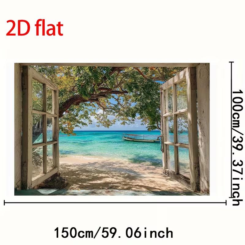 2D Tropical Beach Window Backdrop, Summer Vacation & Travel Themed Party Photography Background