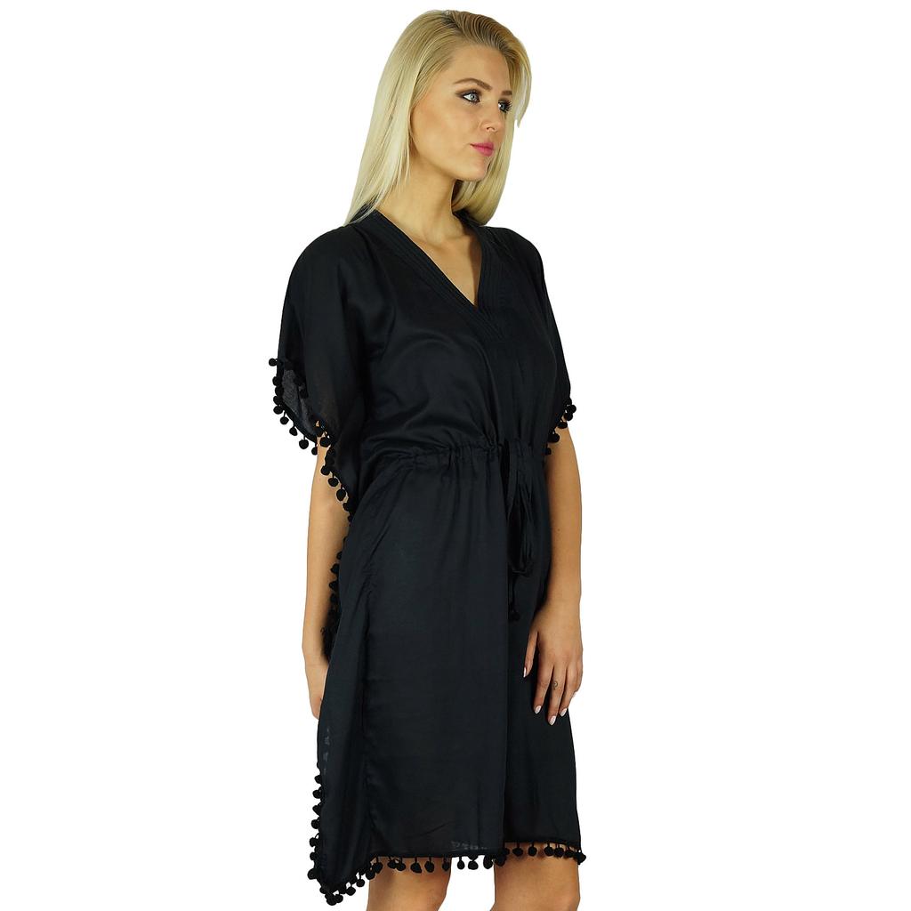 Bimba Women Cotton Kaftan With Pom Pom Tassels Short Caftan Beach Coverup
