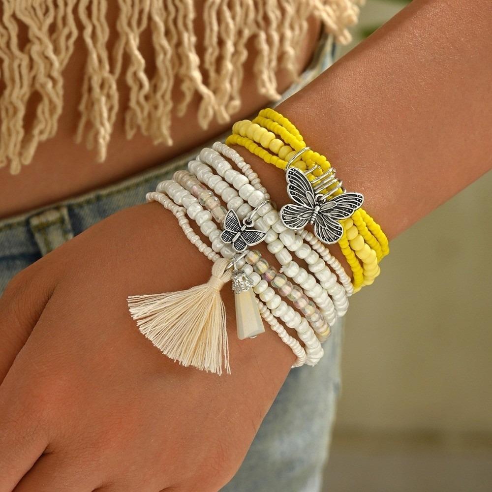 New Boho Beaded Bracelet Colorful Handmade Bohemian Wrist Chain Rice Bead Decor Multi Layer Stacked Bangle Hand Jewelry