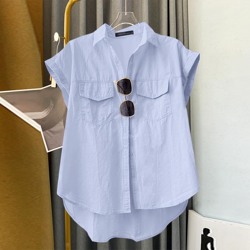 

ZANZEA Женские летние рубашки с коротким рукавом и воротником-стойкой светло-синий