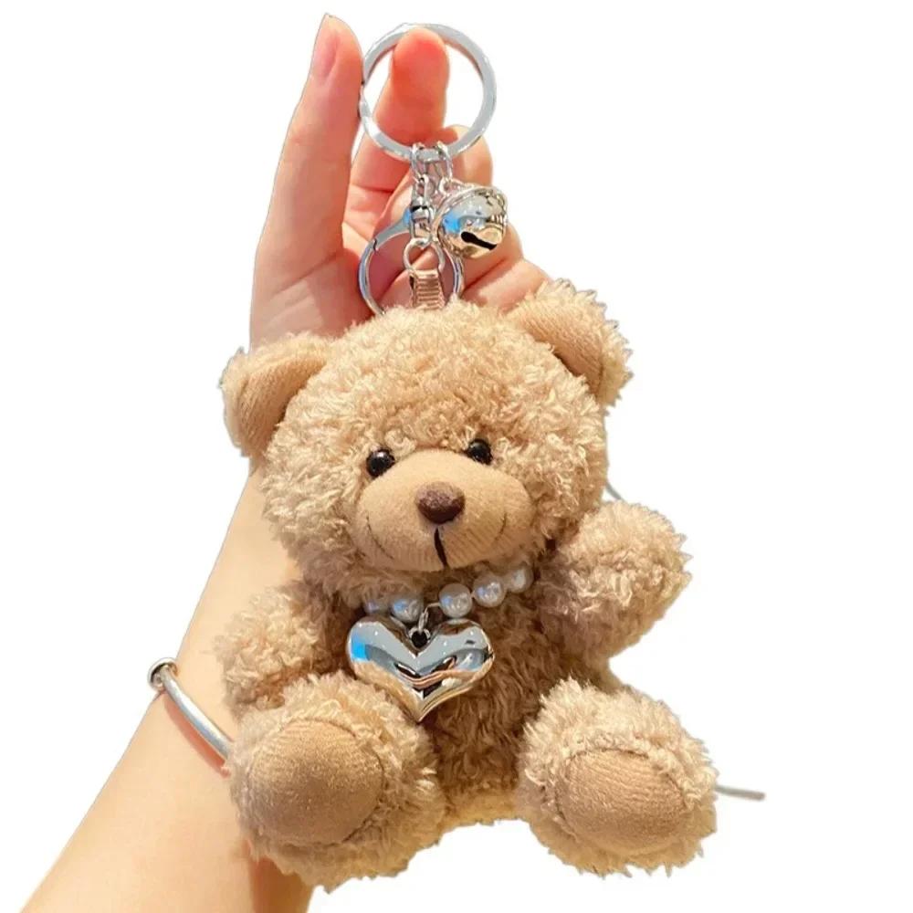 Kawaii Goggles Pilot Bear Keychain Bell Hanging Rope Plush Bear Key Ring Pink Heart Stuffed Animal Pendant Men