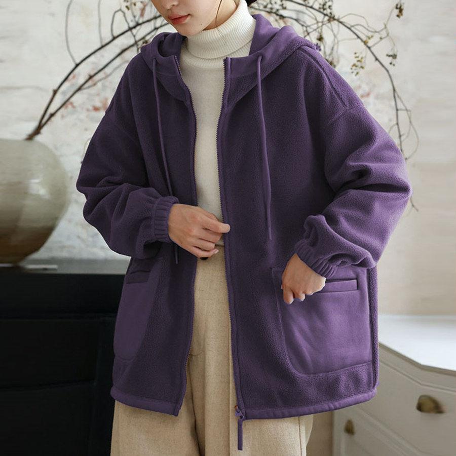 Damen Kapuzen-Fleecejacke Dünn gefüttert Locker geschnitten Einfarbig Lässig Koreanische Mode Frühling Herbst Sweatshirt
