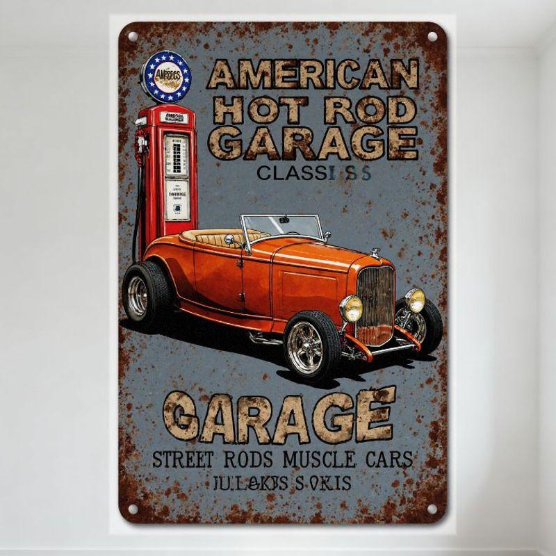 

Vintage American Hot Rod Garage Metal Sign, Weathered Distressed Blue-Gray Background, Classic Hot Rod Illustration, Wall Decor 20x30cm（7.8x11.8inch）