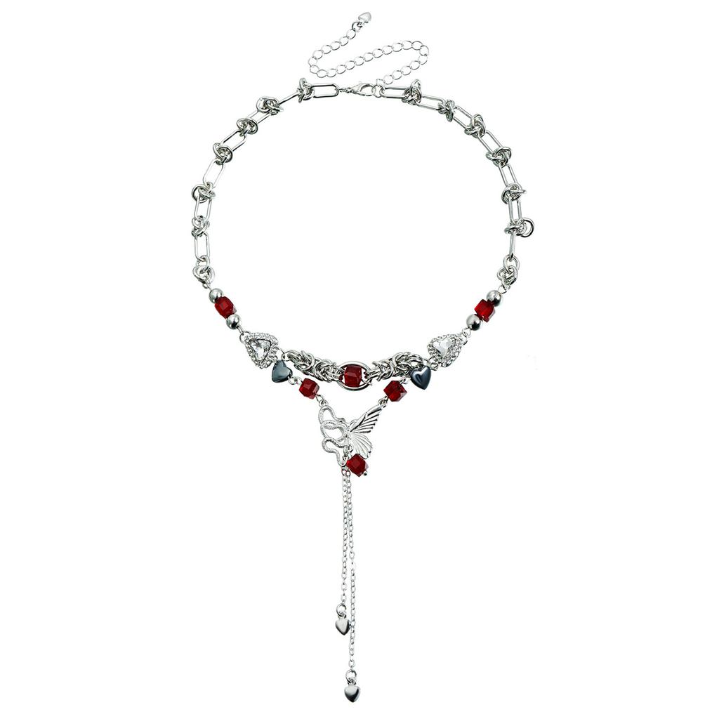 Trendy Butterfly Fringe Chain Necklace Sweet Edgy Style Lightweight Alloy Clavicle Chain Jewelry For Women Girls