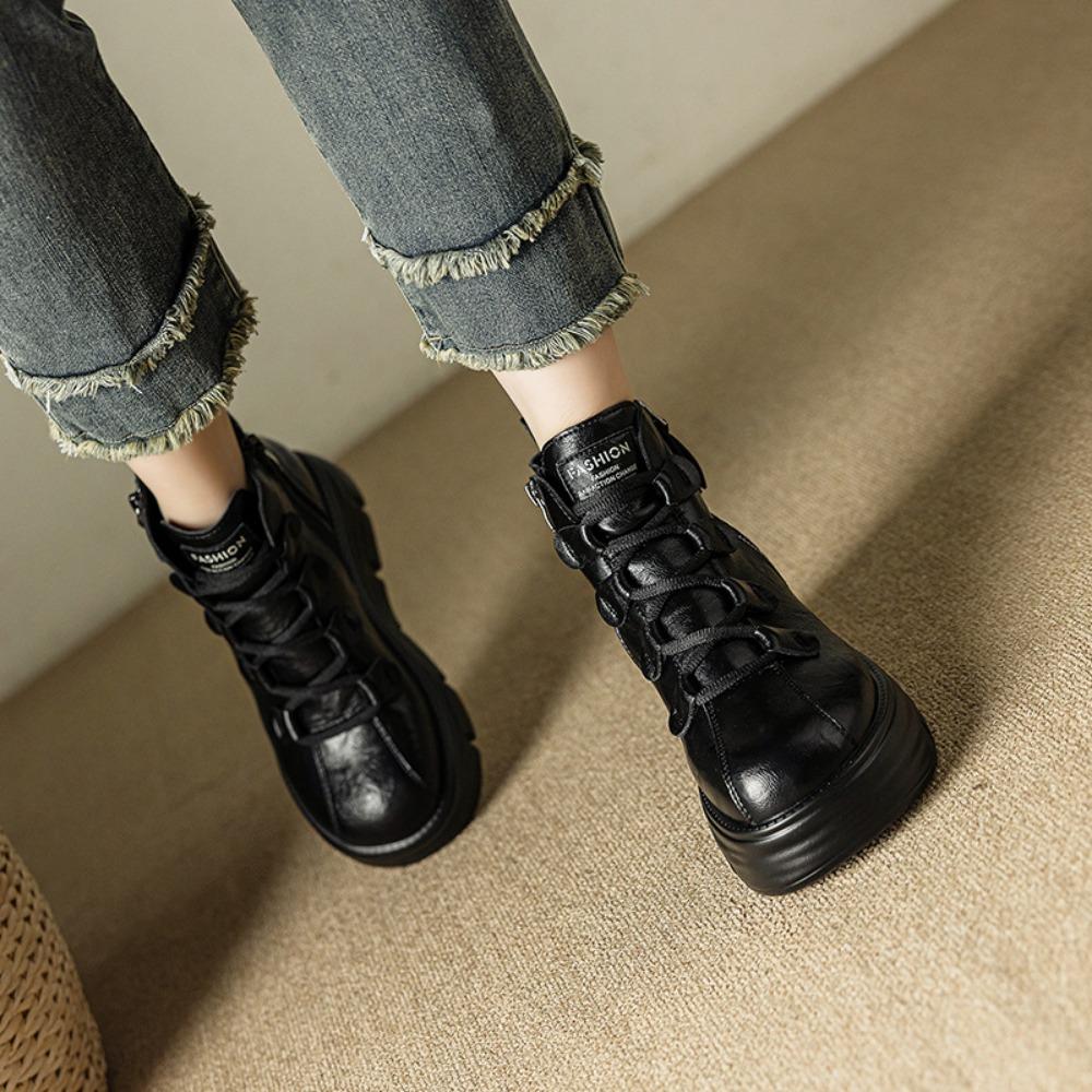 Heightening Boots Women's Autumn Winter New Velvet 8cm Platform Short Boots Retro Versatile High Top Shoes Brown Platform Shoes