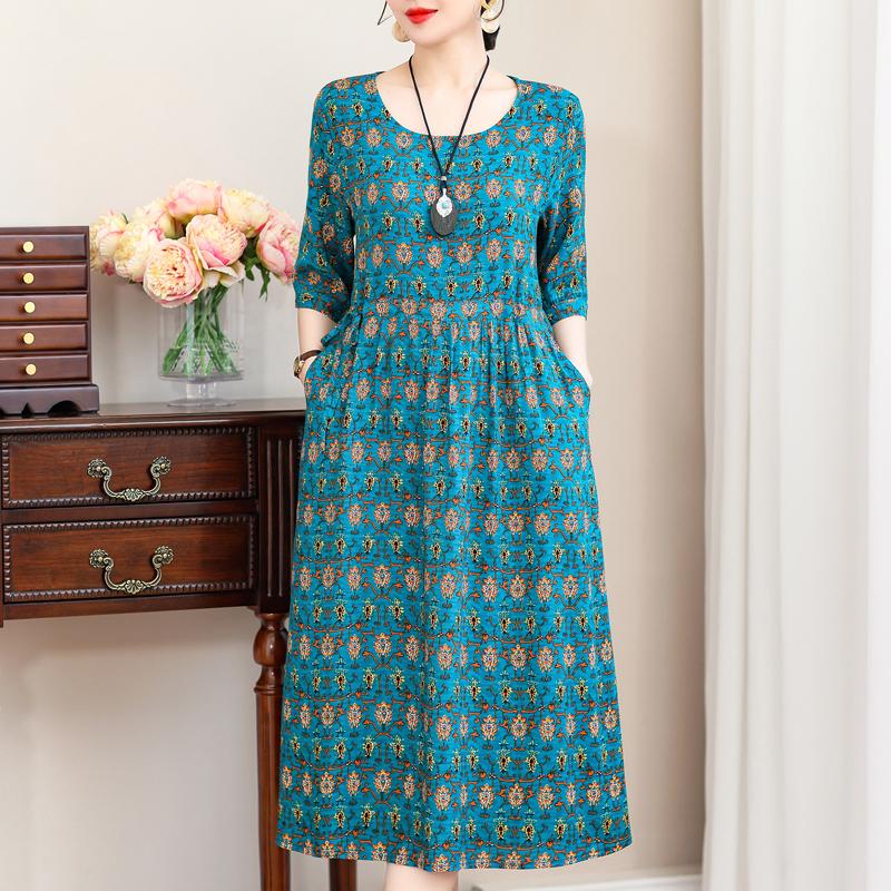 Casual Summer Women's Dresses  Plus Size Half Sleeve Vintage Print Long Dress Female