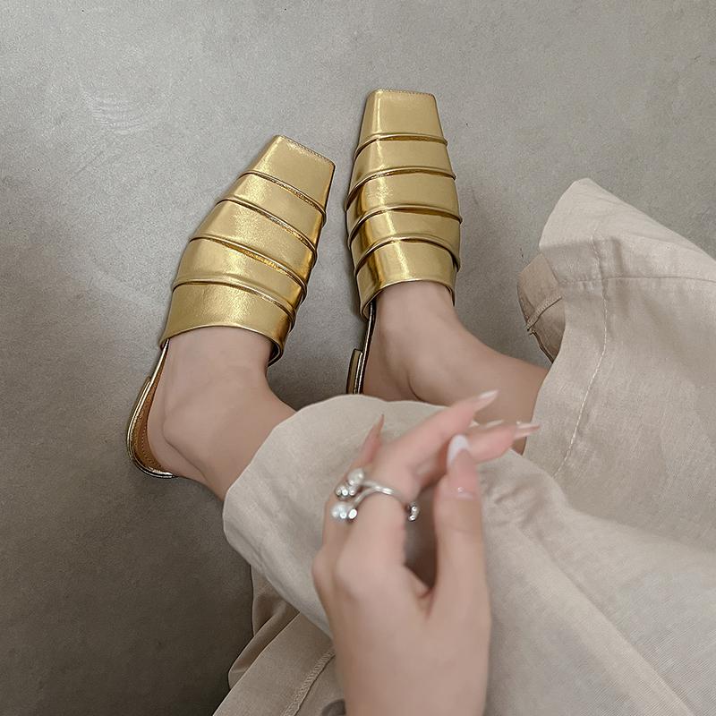 Fashion Women's Genuine Leather Square Toe Slip-on Flats Summer Slippers Soft Comfortable Casual Female Outdoor Mules 2025 New Sandals