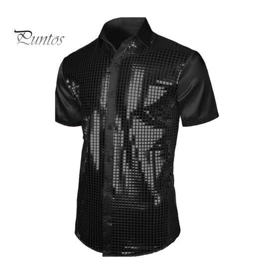 

Мужская рубашка для выступлений с блестящей поверхностью и отложным воротником, однобортная, с длинными рукавами и пуговицами, атласная клубная вечеринка, дискотека 70-х, сценическое шоу S