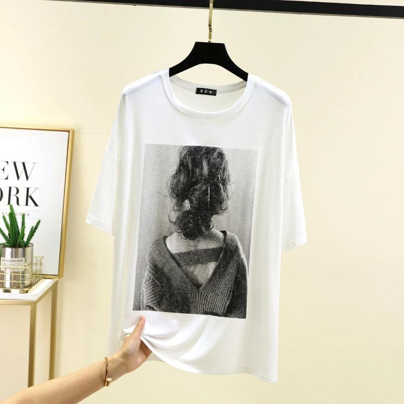 T-shirt Women Versatile Summer Casual Large Size Loose Round Neck Pullover Short-sleeved Tops
