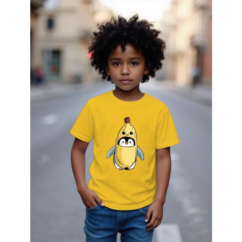 European sizes Penguin with Banana Hood Boys and Girls New Casual Short-sleeved T-shirt Summer Children's Round Neck Clothing Printed T-shirt