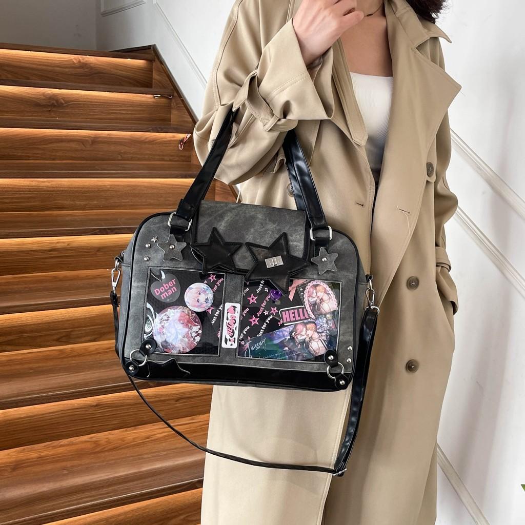 Color Solid Minimalist Star Pattern Handbag Inner Pocket Durable Outings Zipper