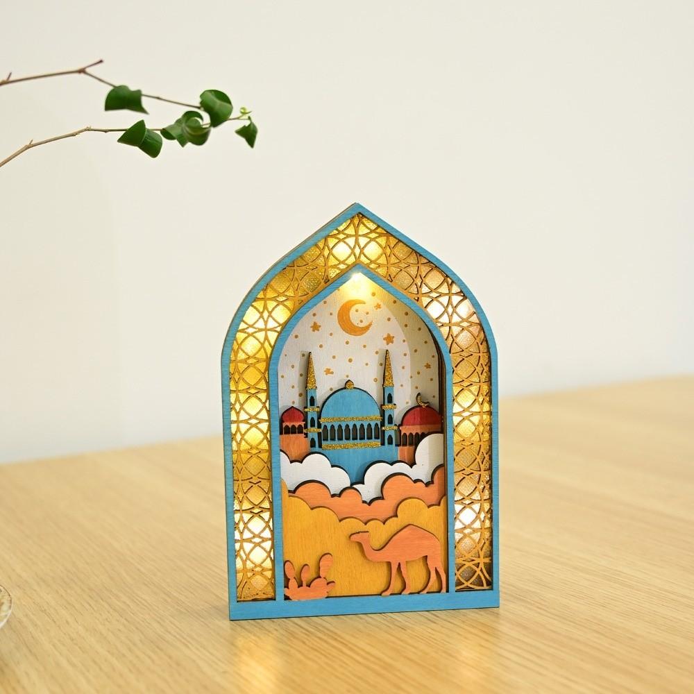 LED Night Light Ornament Moon Eid Wooden Decoration Lightweight Eid Desktop Ornament  Afternoon Tea