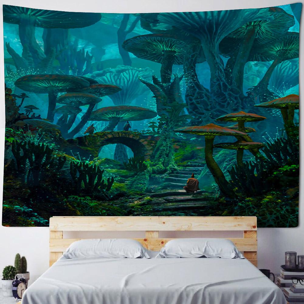 Tapestry, Psychedelic Forest Mushrooms, Room Decoration, Starry Sky, Plants, Cartoons, Bedroom Art Decoration Wall Hanging Cloth