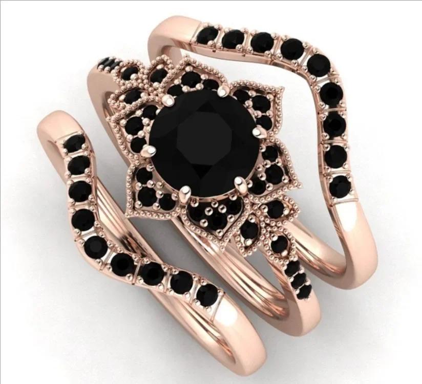 Rose Gold Black Zircon Flower Pattern Three-piece Set New New Set Ring Ring 11