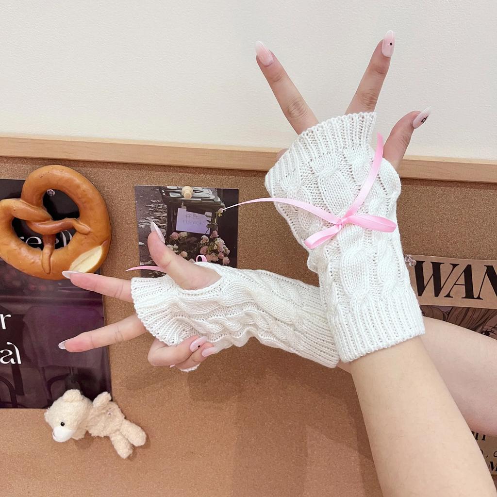 Korean Knitted Gloves Women's Bow Hand Warmer Winter Gloves Fashion Black Pink Knitted Thicken Mitten Fingerless Mittens