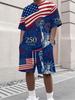 Men's T-Shirt And Shorts Set Red White Blue Star Flag Print Casual Summer Outfit With Crew Neck Short Sleeve Tees Sets