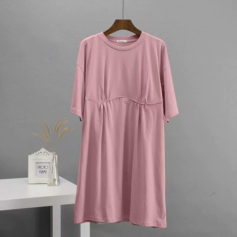 

Fashion Wind Summer New Arrival Pure Cotton Dress Casual Loose round Neck A- line Skirt Loose Cotton Dress Pink M/L