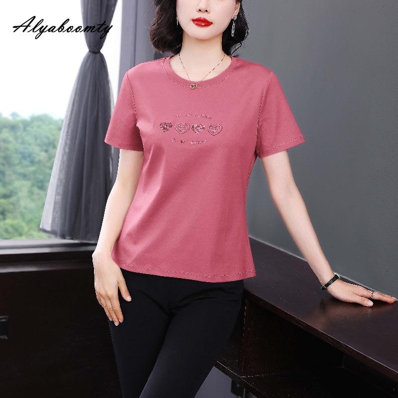 Plus Size Summer Women Basic Cotton Top O Neck Pink White Blue Embroidery Ladies' T-Shirt Short Sleeve Casual Loose Tee