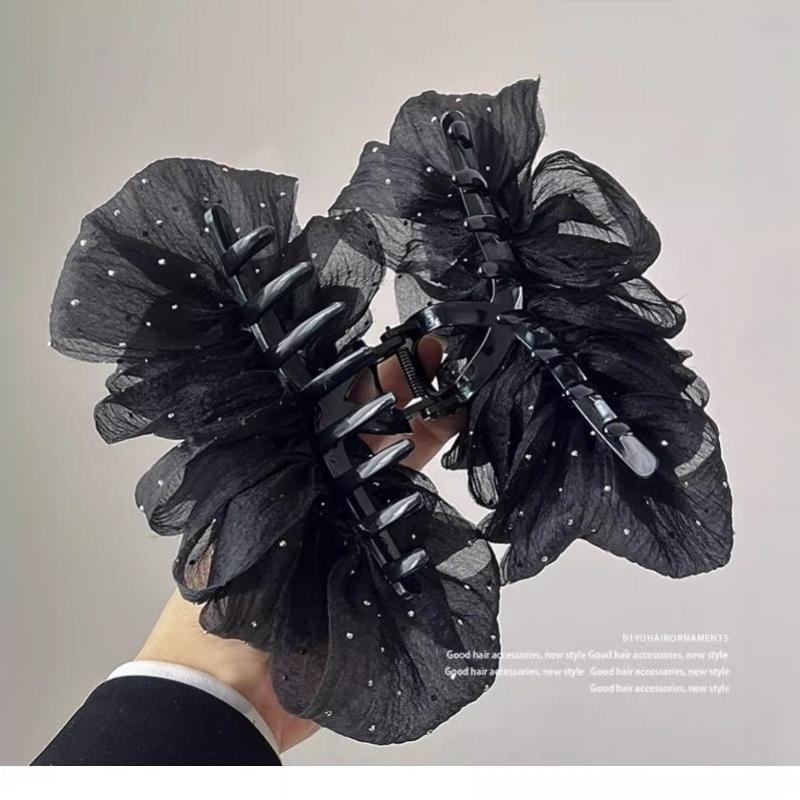 Summer Sweet Mesh Tulle Big Bow Hair Claw Clips For Women Solid Colours Elegant Bowknot Ponytail Clip New Headdress Accessories