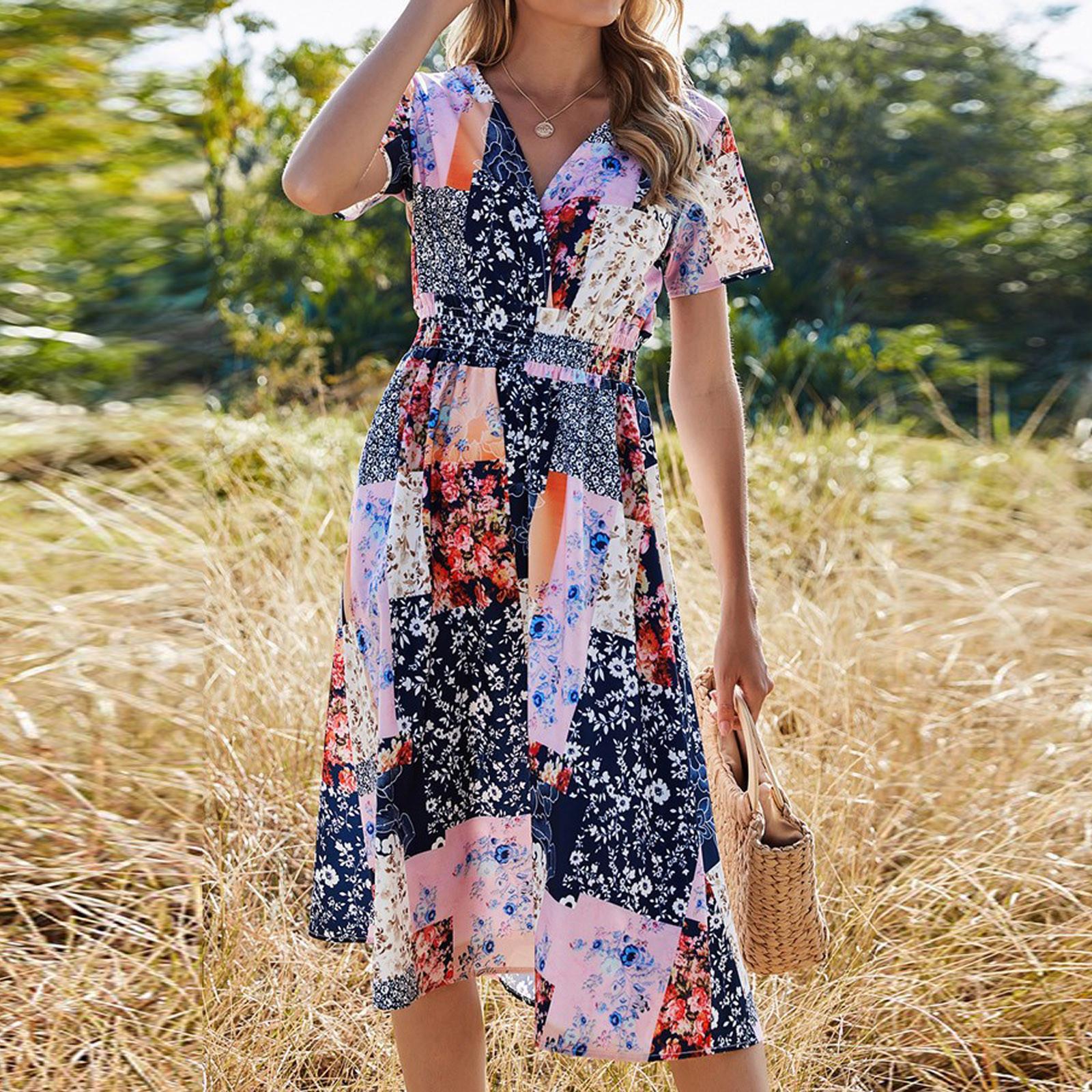 

Модная женская повседневная юбка-миди с v-образным вырезом и принтом, платье с эластичной резинкой на талии