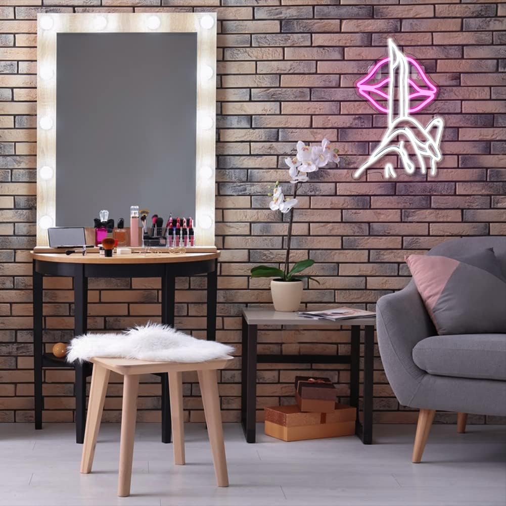 Lips Neon Sign Shh Gesture Led Neon Lights for Wall Decor USB Powered Chic Neon Lips Light Signs for Bedroom Home Bar Man Cave Beer Cafe Birthday