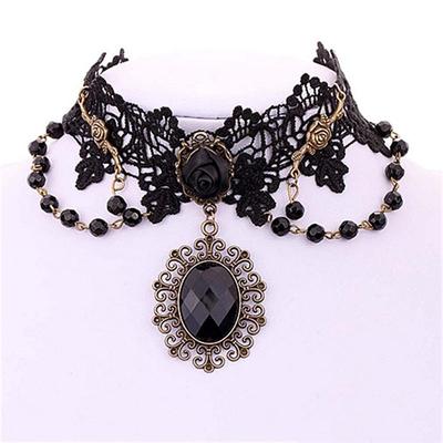 Lolita Gothic Schwarze Rose Blumenspitze Halsband Halskette Perlenkette