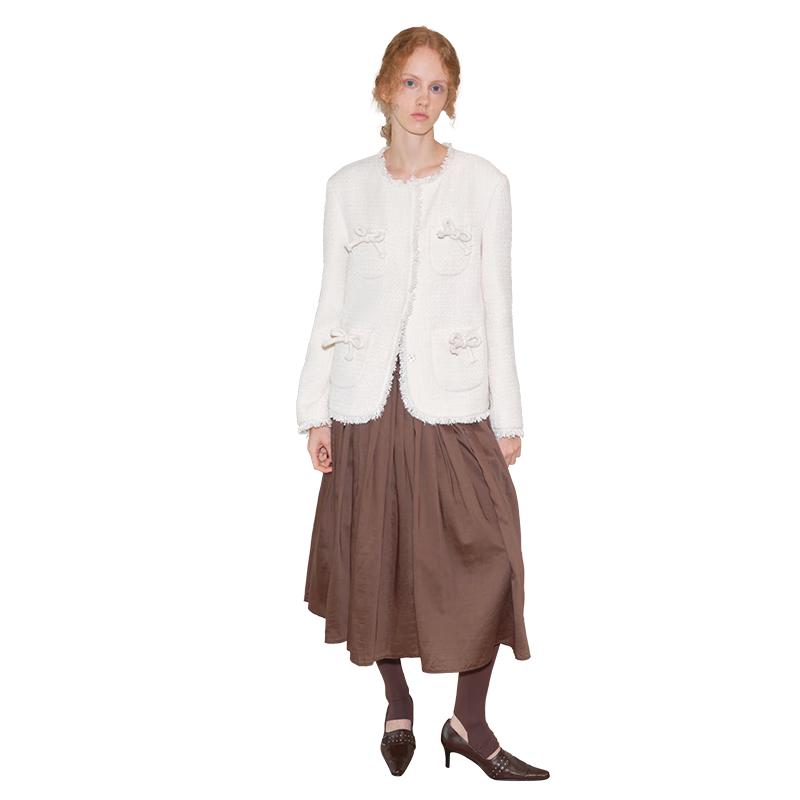 

GREEN BELT Tweed Collarless Frayed Edge Jacket with Bow L