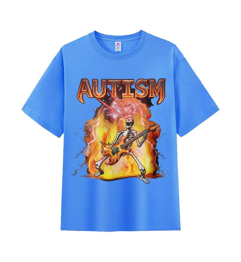 Autism Skeleton Fire Funny Neurodivergent Graphic Tshirt Unisex Women Retro Oversized Tshirts Summer ONeck Short Sleeve T Shirts