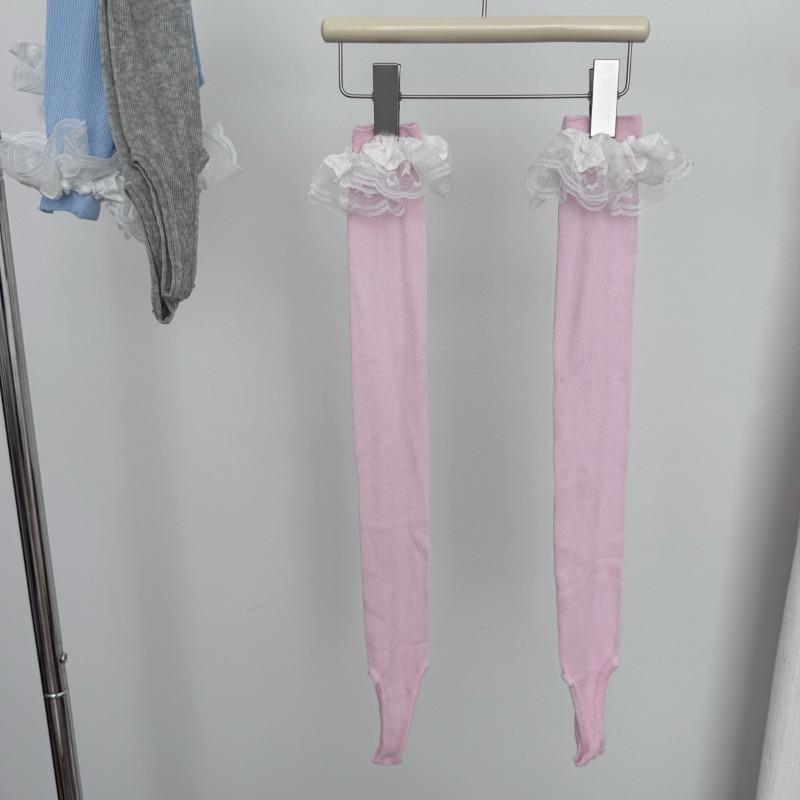 Foot Treading Pile Socks Summer Lace Edge Solid Color Boneless Socks Mid-calf Socks for Women